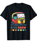 Super Soft Cotton Graphic Tee Shirt With A Totally Iconic Bright Colorful Rickshaw Featuring A Big Smiling Face And Whimsical Print For Chill Casual Vibes, black with vibrant rickshaw design.