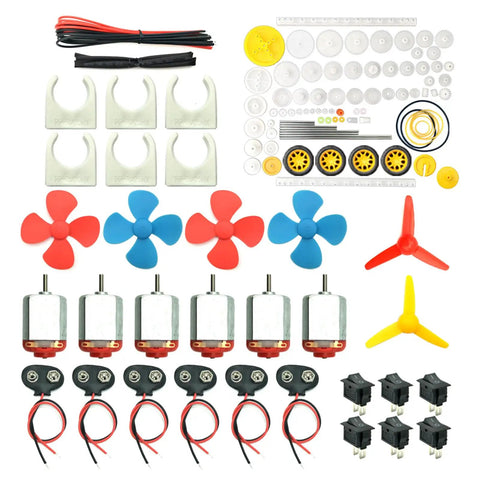 Six Piece Awesome DC Motor Kit For DIY Projects, Mini Electric Hobby Motors 3V To 12V 25000 RPM, gears, props, and switches displayed