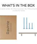 Box contents of 30 Pack Brushed Nickel Cabinet Pulls with screws, showing handle and mounting hardware.