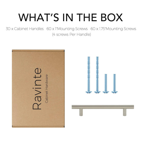Box contents of 30 Pack Brushed Nickel Cabinet Pulls with screws, showing handle and mounting hardware.