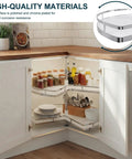 Two Tier Kidney Corner Cabinet Lazy Susan For Base Cabinets 28 Inch Chrome 270 Degree Turntable Organizer in a kitchen corner