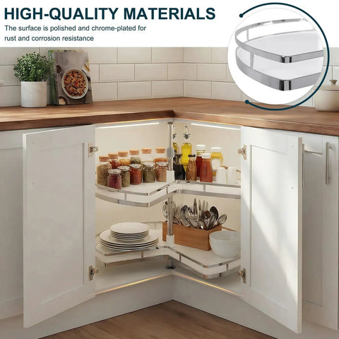 Two Tier Lazy Susan Replacement Shelves With Adjustable Height For Kidney Shaped Blind Corner Cabinets For Your Kitchen 270 Degree Turntable Organizer Space Saver To Maximize Small Spaces And Easy Access To Pantry Essentials with polished chrome finish in use, displaying organized kitchenware in a cabinet.