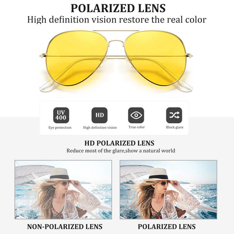 Top Shelf Anti Glare Night Vision Polarized Aviator Sunglasses with yellow polarized lenses and UV protection, showcasing glare reduction.
