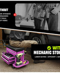 Mechanic using 3-Drawer Rolling Mechanic Seat With Storage Tray, 350 Lbs Capacity, Purple Work Stool On Wheels