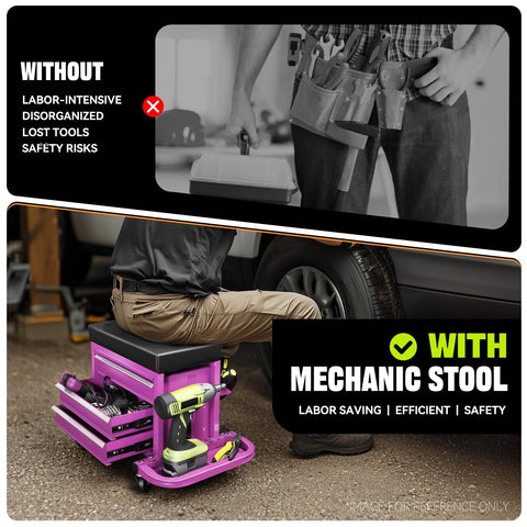 Mechanic using 3-Drawer Rolling Mechanic Seat With Storage Tray, 350 Lbs Capacity, Purple Work Stool On Wheels