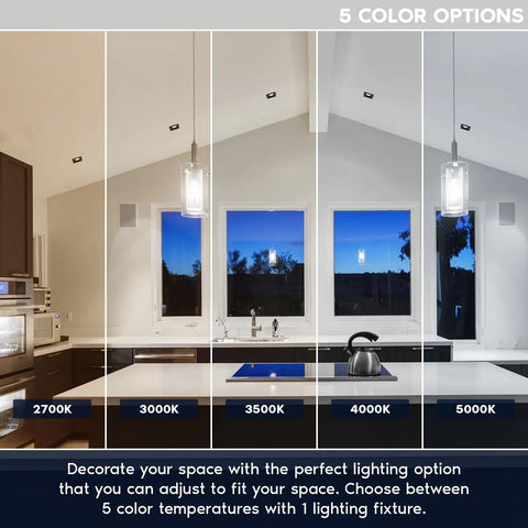 12 Pack 4 Inch Square Led Recessed Lights With J Box 5Cct Adjustable Tunable White Dimmable Ic Wet Rated Fire Housing Tough As Nails Frame Zero Mess Install For Modern Spaces in various color temperatures in a modern kitchen.