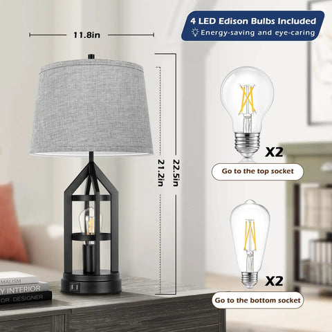 2 Light Farmhouse Rustic Touch Table Lamps Set Of 2 With Gray Shades, 3 Way Dimmable Bedside Lamps Featuring USB Ports And Included LED Bulbs
