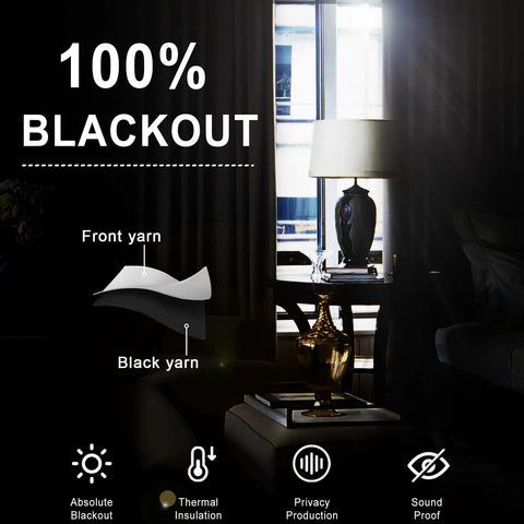 Dark room with 70 Inch Wide By 84 Inch Long Blackout Curtain Panels With Tiebacks, 100 Percent Darkening And Thermal Insulation, blocking light.