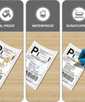 4x6 Direct Thermal Shipping Labels Roll, 500 Labels, BPA Free, Waterproof And Oil Resistant, shown with oil, water, and scratch resistance.