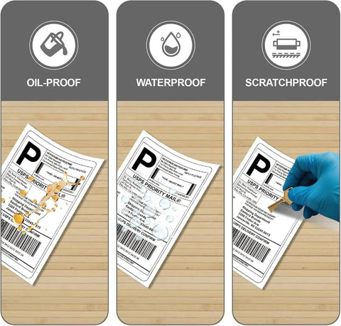 4x6 Direct Thermal Shipping Labels Roll, 500 Labels, BPA Free, Waterproof And Oil Resistant, shown with oil, water, and scratch resistance.