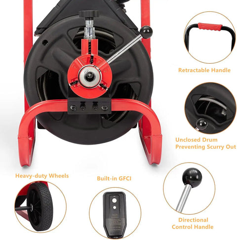 Heavy Duty Workhorse Electric Drain Auger Machine With Automatic Forward And Reverse Footswitch Control Plug And Play Badass Performance For Pro Plumbers, showcasing retractable handle and heavy-duty wheels.