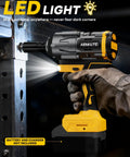 Brushless Cordless Impact Wrench Generating 1500 Nm Beast Mode Torque With An Integrated Work Light in use, showing ergonomic grip and LED light.