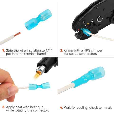 Steps for using Blue Heat Shrink Female Spade Connectors Kit 100Pcs 16 To 14 AWG Waterproof Insulated Quick Disconnects