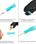 Step-by-step guide using AWG 22-10 Female Spade Connector Kit Pro Grade With Heat Shrink Tubing Waterproof Insulated Quick Disconnect Terminals.