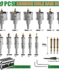 Carbide Hole Saw Kit For Metal 17 Piece Set 9/16 To 2 1/8 Inches with case, step drill bit, and L-handles displayed