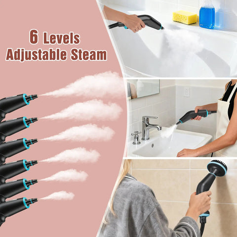 Badass Steam Cleaner Rapid 15 Second Heat Up With 4 Bar Pressure And 6 Adjustments 42 Oz Big Tank close-up of 6 steam settings and use in cleaning.