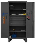 Rugged Industrial Metal Storage Cabinet With Tough As Nails Lockable Recessed Door Extra Heavy Duty Workshop Cupboard For Garage And Warehouse Tools And Supplies Sturdy Steel Construction For Reliable Daily Use, open front view with tools