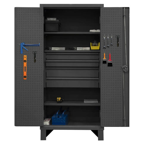 Rugged Industrial Metal Storage Cabinet With Tough As Nails Lockable Recessed Door Extra Heavy Duty Workshop Cupboard For Garage And Warehouse Tools And Supplies Sturdy Steel Construction For Reliable Daily Use, open front view with tools