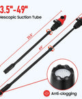 Beefy Electric Drum Pump With 120V AC and 12V DC Power, telescoping suction tube 33.5 to 49 inches, anti-clogging feature shown