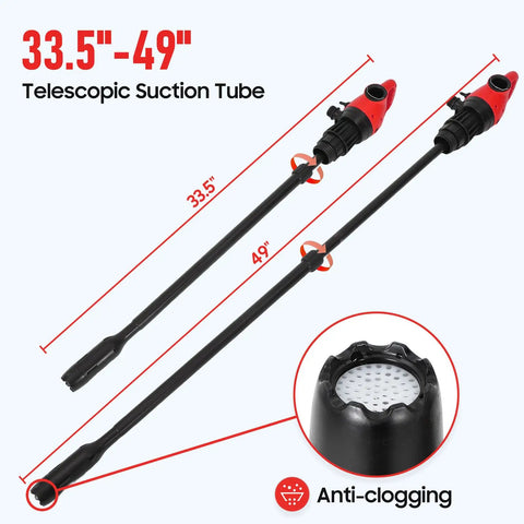 Beefy Electric Drum Pump With 120V AC and 12V DC Power, telescoping suction tube 33.5 to 49 inches, anti-clogging feature shown