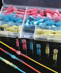 Rock-solid 100 Piece Electrical Spade Wire Connector Kit Featuring Durable Heat Shrink Male And Female Tips For All Your Wiring Jobs With Super Secure Grip. Plastic case with assorted heat shrink spade wire connectors and crimped wires