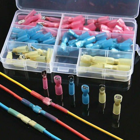 Rock-solid 100 Piece Electrical Spade Wire Connector Kit Featuring Durable Heat Shrink Male And Female Tips For All Your Wiring Jobs With Super Secure Grip. Plastic case with assorted heat shrink spade wire connectors and crimped wires