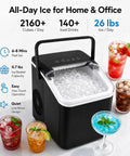 Swift As Lightning Countertop Ice Maker With Handle, drops fresh bullet ice in mere minutes, 26 lbs daily yield with drinks.