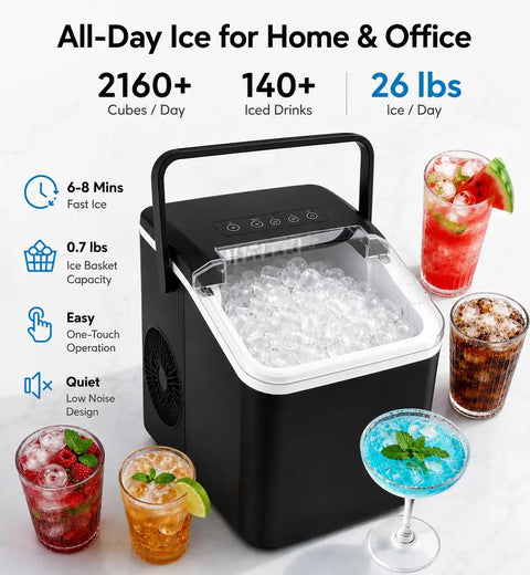 Swift As Lightning Countertop Ice Maker With Handle, drops fresh bullet ice in mere minutes, 26 lbs daily yield with drinks.