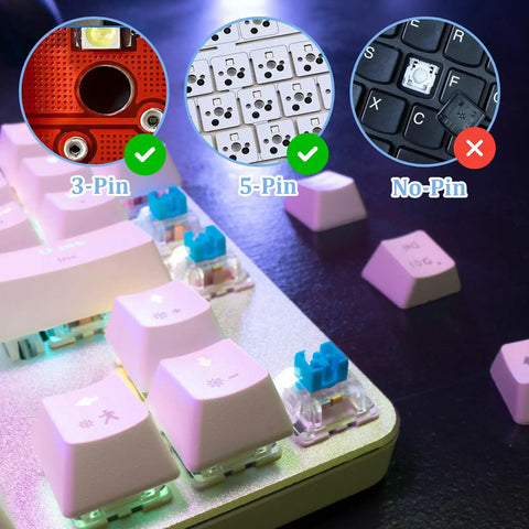 Blue 3 Pin Clicky Mechanical Keyboard Switches Set, 50 Pcs With Switch Puller, Waterproof, Easy Replacement for Gaming Keyboards, Durable Acrylic Zinc Alloy and Precision Steel Build for Smooth Tactile Feedback showing 3-pin and 5-pin PCB fit