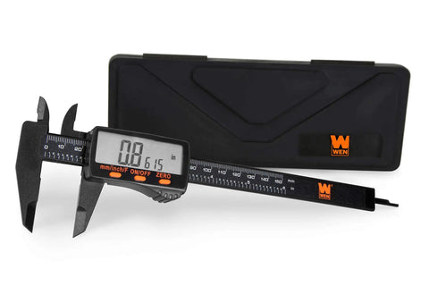 6.1 Inch Digital Caliper With LCD Readout For Inches, Millimeters And Fractional SAE Units with case, visible display and buttons.