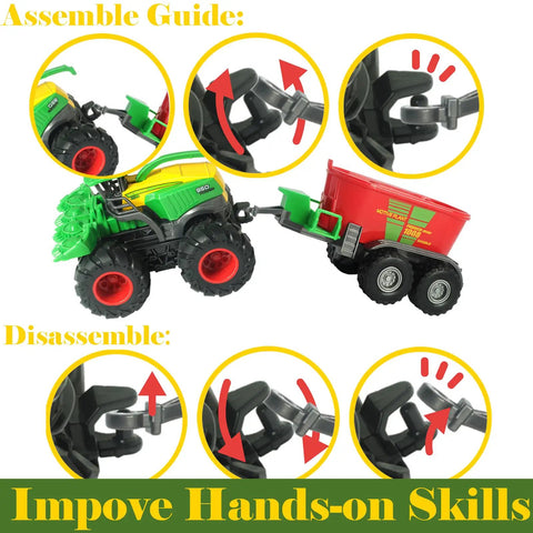 Assembly guide for Four Piece Die Cast Farm Toy Set With Tractor And Trailers Including Combine Harvester, Monster Spreader Trucks.