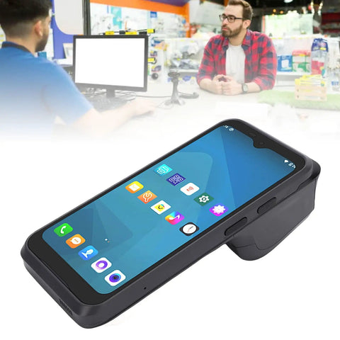 High Speed Mobile Pos Receipt Printer With 6.2 Inch Touch Screen 58mm Thermal Printer Built In Battery Makes Checkout A Hassle Free Smooth Operator Point Of Sale Terminal angled view with touchscreen.