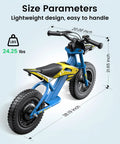 S1 Kids Electric Balance Bike With 200W Motor And 3 Kid Friendly Speed Modes Up To 10 MPH 12 Inch Pneumatic Tires Drum Brake UL2272 Certified For Ages 3 To 6 Blue shown with size dimensions.