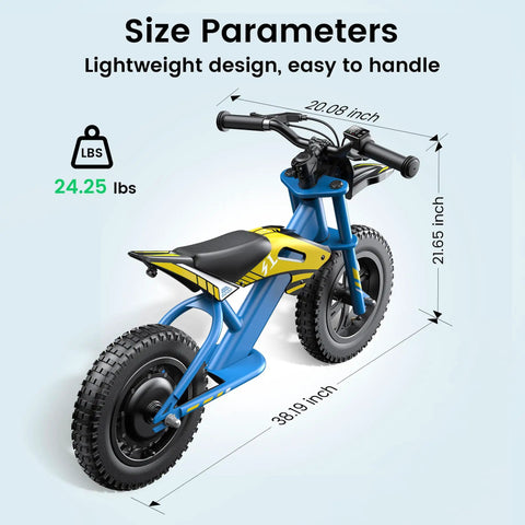 S1 Kids Electric Balance Bike With 200W Motor And 3 Kid Friendly Speed Modes Up To 10 MPH 12 Inch Pneumatic Tires Drum Brake UL2272 Certified For Ages 3 To 6 Blue shown with size dimensions.