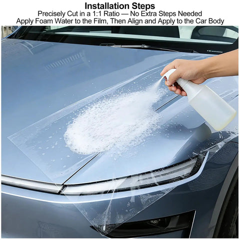 Applying foam water on Precision Precut TPU Paint Protection Film For Tesla Model Y Juniper 2025 2026 Models during installation.