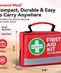 General Medi first aid kit, red compact bag with carry handle, green cross logo, 150-piece set, front view.