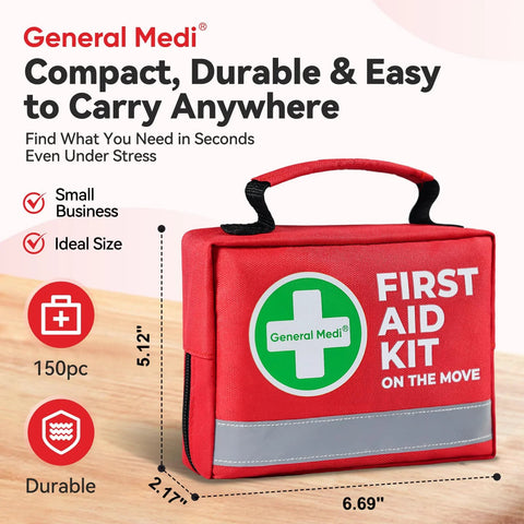 General Medi first aid kit, red compact bag with carry handle, green cross logo, 150-piece set, front view.