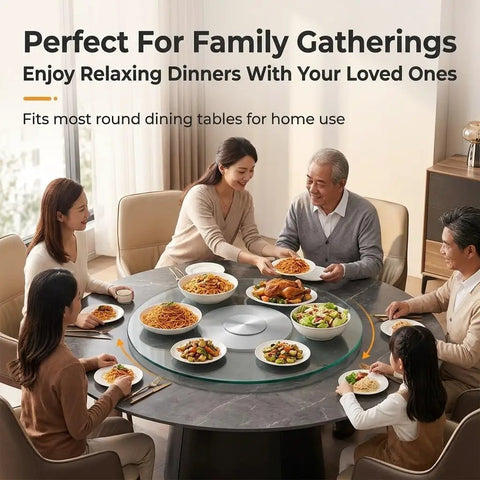 Family using 360 Degree Lazy Susan For Dining Table With Tempered Glass Round Top during dinner, showcasing 360 Degree Silent Spin.