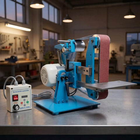 Powerful 750W Brushless Electric Belt Sander on workbench, featuring a blue chassis and servo motor controller for versatile sanding tasks.