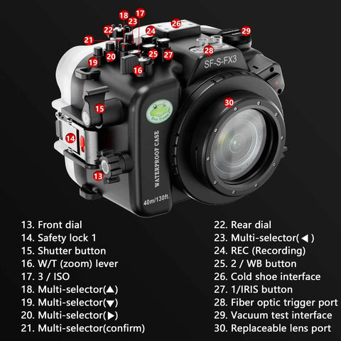 Underwater Housing For Sony FX3 And FX30 With PL100 Flat Port, 40m 130ft Depth Rating, showing labeled control buttons and dials