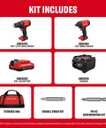 High Octane V20 Cordless Drill And Impact Driver Combo Kit Including Two Ah Battery Charger With 1700 Rpm Motor 1/2 Inch Chuck Led Work Light For Serious Weekend Warrior Shop Projects kit contents with drill, impact driver, battery, charger, storage bag, and bits.