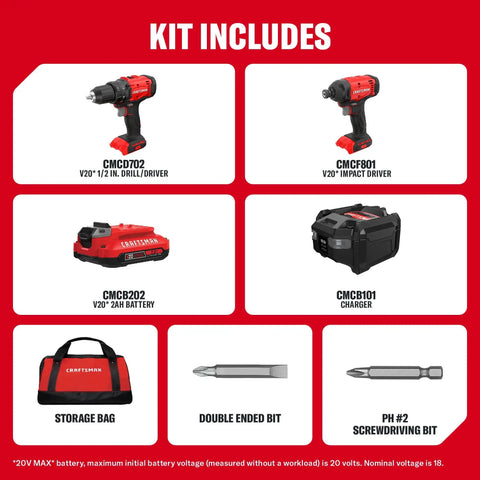 High Octane V20 Cordless Drill And Impact Driver Combo Kit Including Two Ah Battery Charger With 1700 Rpm Motor 1/2 Inch Chuck Led Work Light For Serious Weekend Warrior Shop Projects kit contents with drill, impact driver, battery, charger, storage bag, and bits.