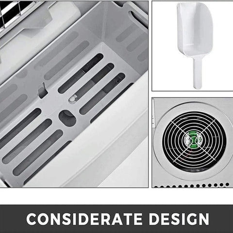 Heavy Duty Countertop Ice Maker With Rapid Freezing And Forty Pounds Daily Output Perfect For Home Bars And Kitchens Compact Stainless Steel Design interior and scoop.