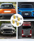 4 Piece Slick Gold Motorcycle License Plate Bolts in a circular arrangement with various trucks and cars in background.