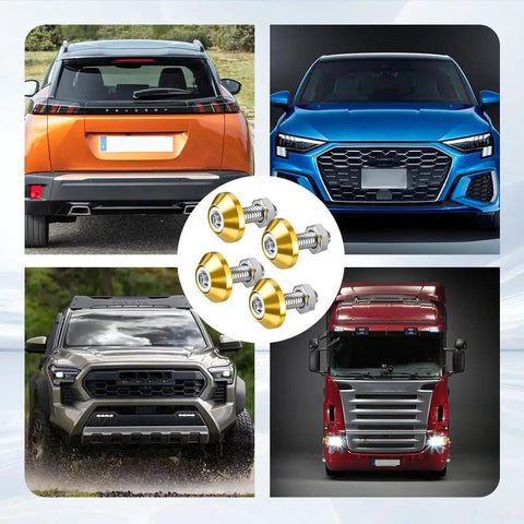 4 Piece Slick Gold Motorcycle License Plate Bolts in a circular arrangement with various trucks and cars in background.