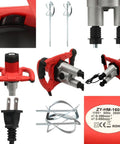 Beast 2800W Dual Paddle Electric Mortar Stirrer Handheld Concrete Cement Mixer components and controls detail view