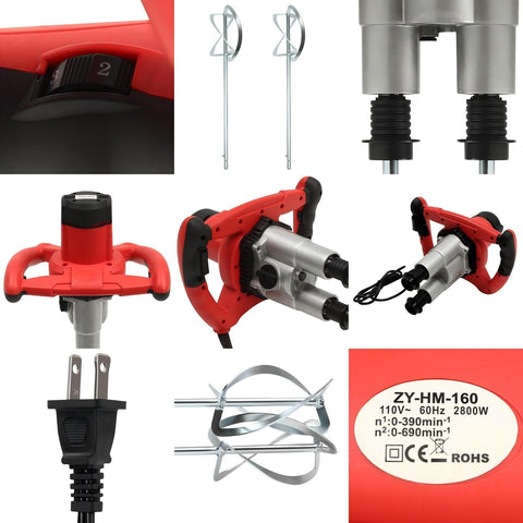 Beast 2800W Dual Paddle Electric Mortar Stirrer Handheld Concrete Cement Mixer components and controls detail view