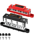 Heavy Duty 275A Power Distribution Bus Bar Featuring Four M8 And Six M4 Terminals For Battery Banks Solar Inverters MPPT Gear And Audio Rigs In Red And Black For No Mess Wiring Setups.