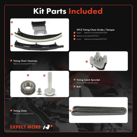 Image of components in Engine Timing Chain Kit With Sprocket, Tensioner, And Guide for Chevrolet Equinox 2018-2020.