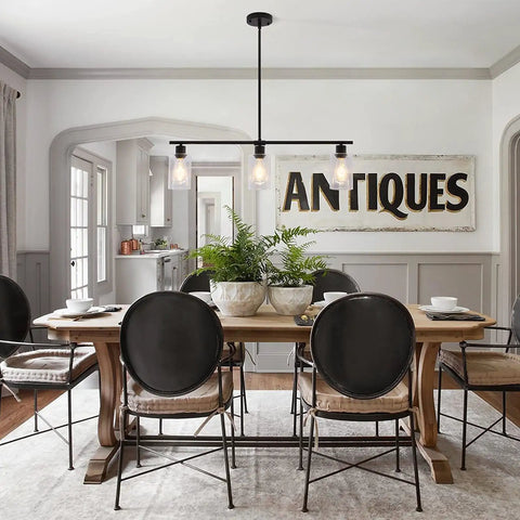 Three Light Modern Kitchen Island Pendant Light With Glass Shades Slick Black Metal Finish Rustic Farmhouse Chandelier
